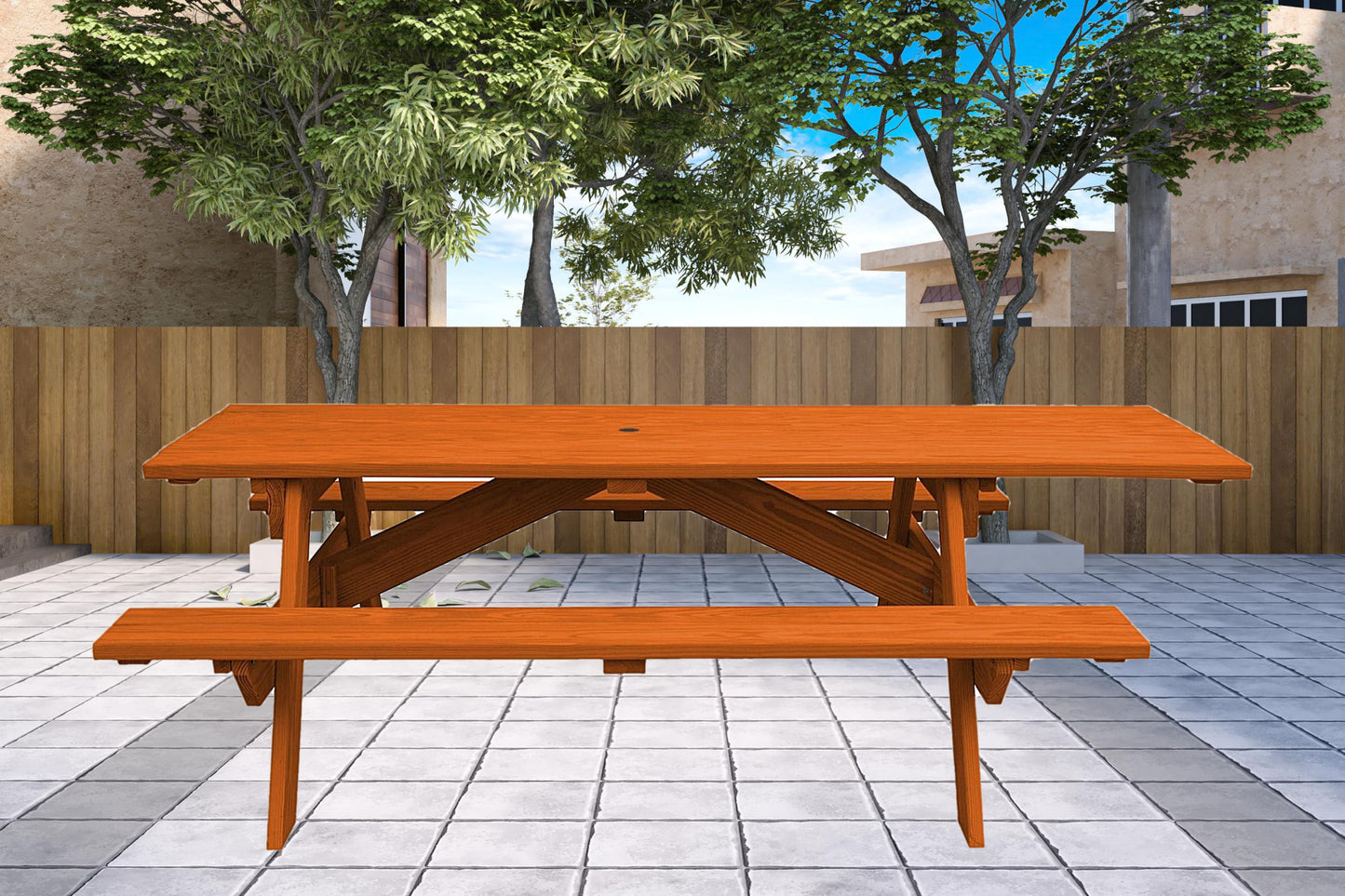 94" Redwood Solid Wood Outdoor Picnic Table with Umbrella Hole