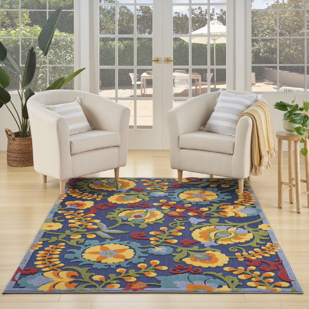 5' X 7' Blue And Yellow Floral Power Loom Area Rug