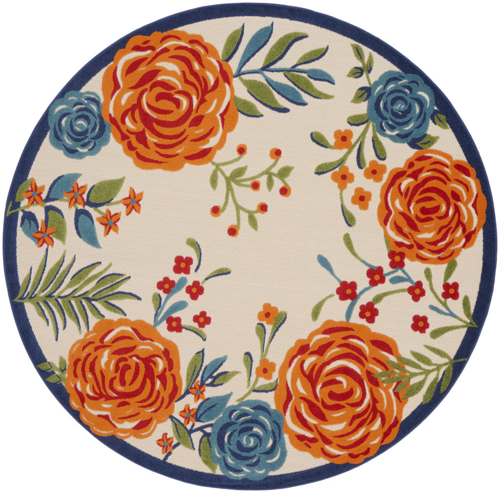 8' Blue and Orange Round Floral Power Loom Area Rug