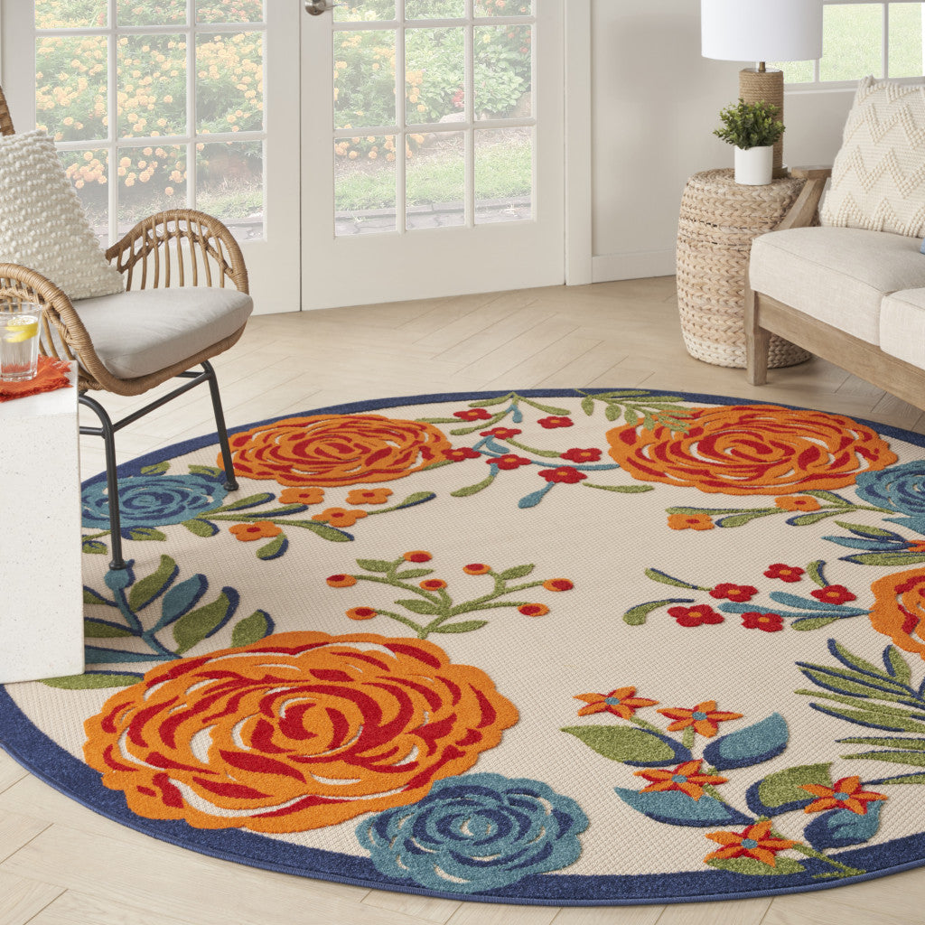 8' Blue and Orange Round Floral Power Loom Area Rug