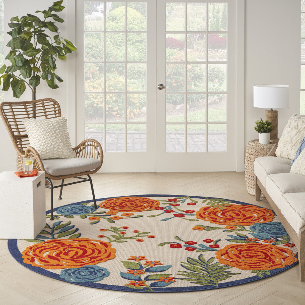 8' Blue and Orange Round Floral Power Loom Area Rug