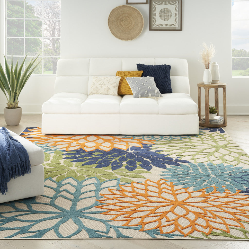 10' X 14' Blue And Green Floral Power Loom Area Rug