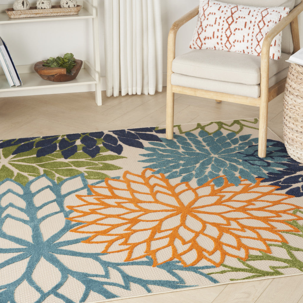 5' Blue And Green Square Floral Power Loom Stain Resistant Area Rug