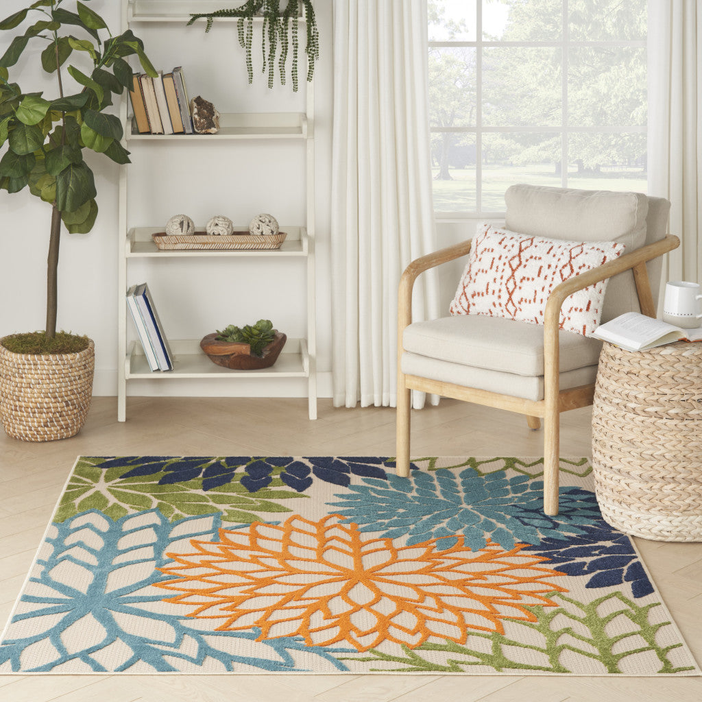 5' Blue And Green Square Floral Power Loom Stain Resistant Area Rug