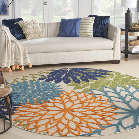 10' Blue and Green Round Floral Power Loom Area Rug