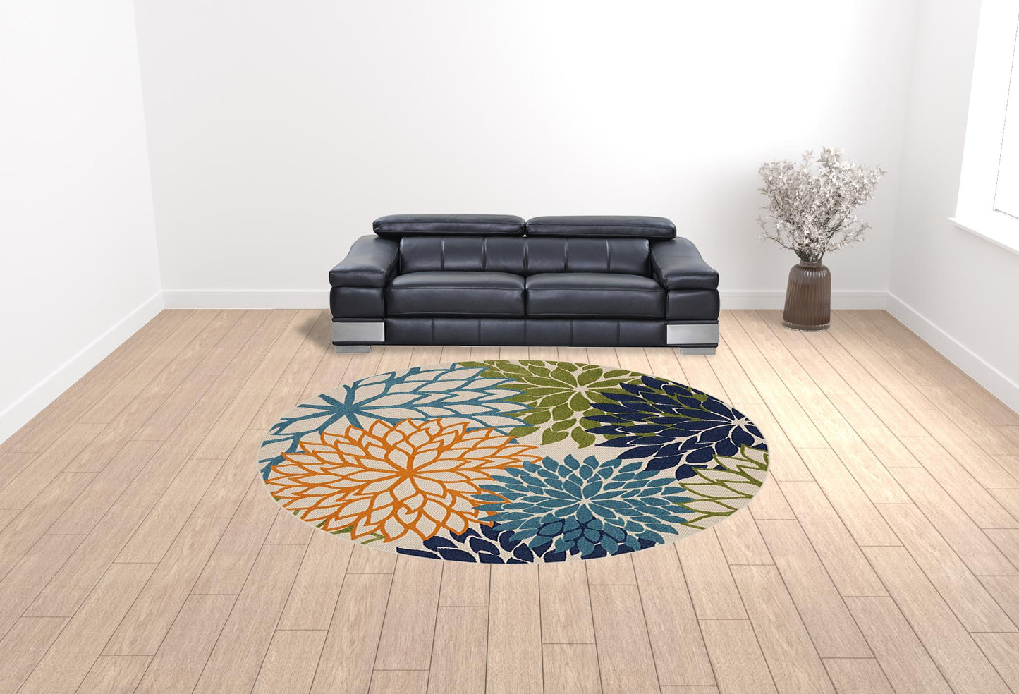 10' Blue and Green Round Floral Power Loom Area Rug