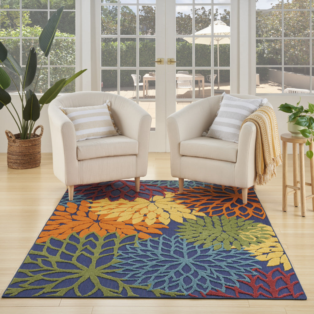 5' X 7' Blue And Orange Floral Power Loom Area Rug