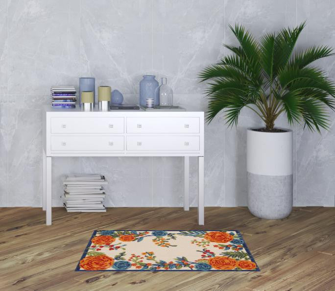 3' X 4' Blue and Orange Floral Power Loom Area Rug