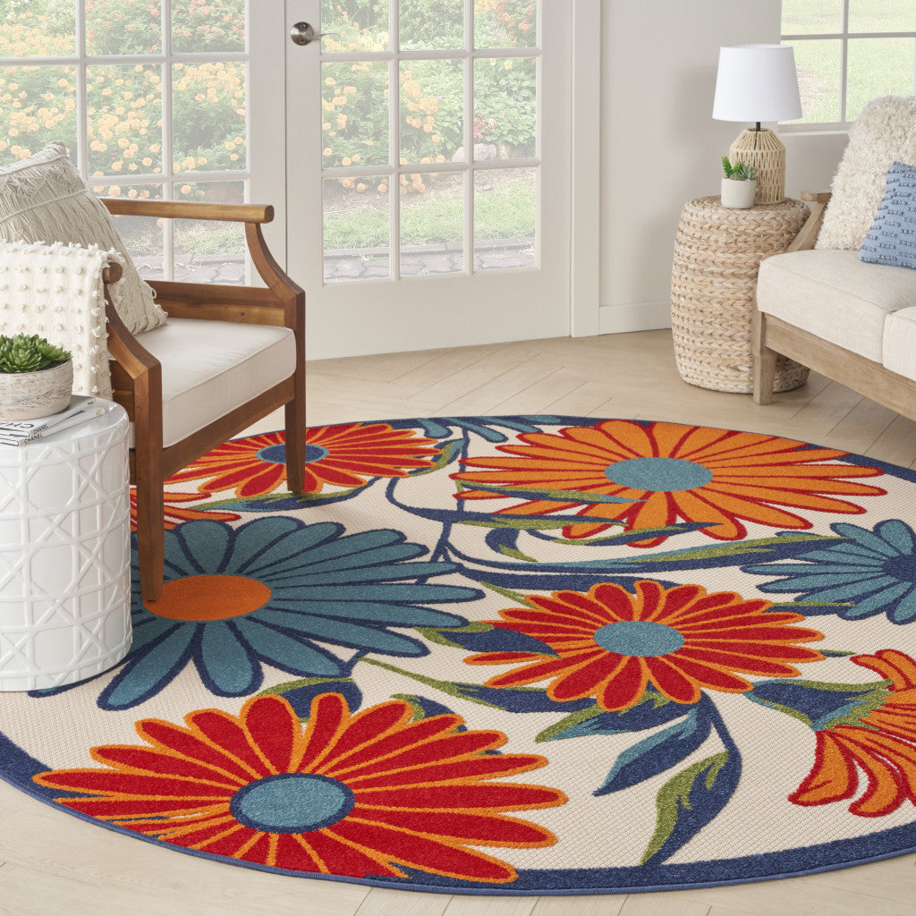 8' Blue and Orange Round Floral Power Loom Area Rug