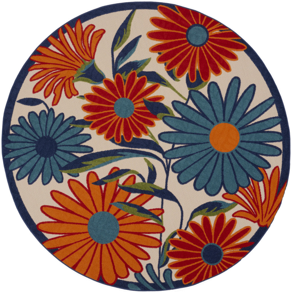 8' Blue and Orange Round Floral Power Loom Area Rug