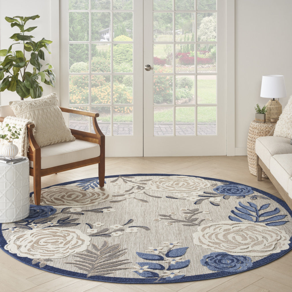 8' Blue and Orange Round Floral Power Loom Area Rug