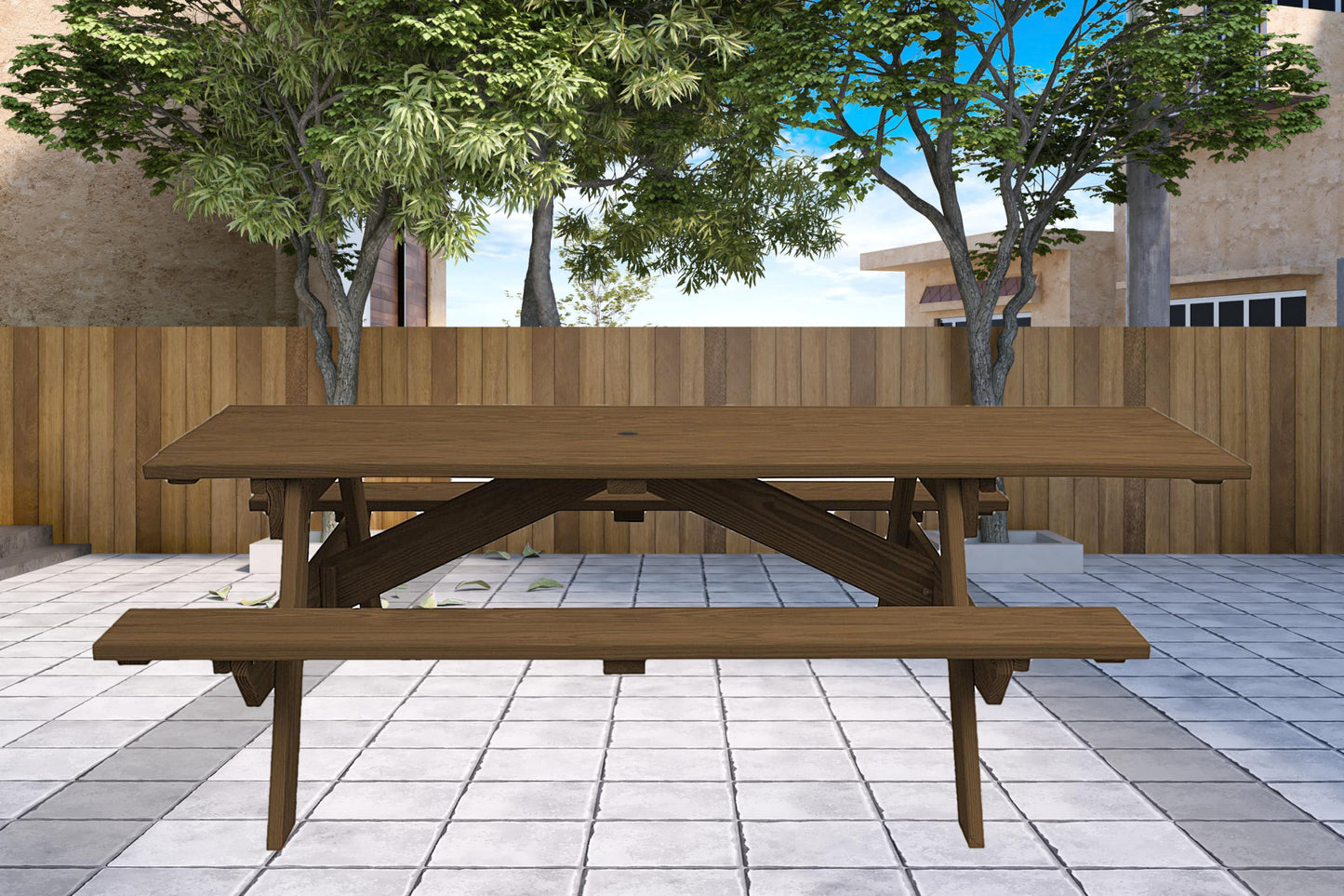 94" Wood Brown Solid Wood Outdoor Picnic Table with Umbrella Hole