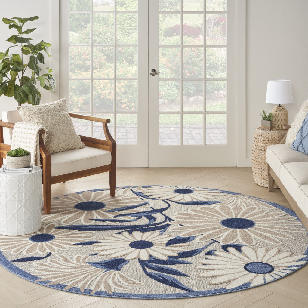 8' Blue and Orange Round Floral Power Loom Area Rug