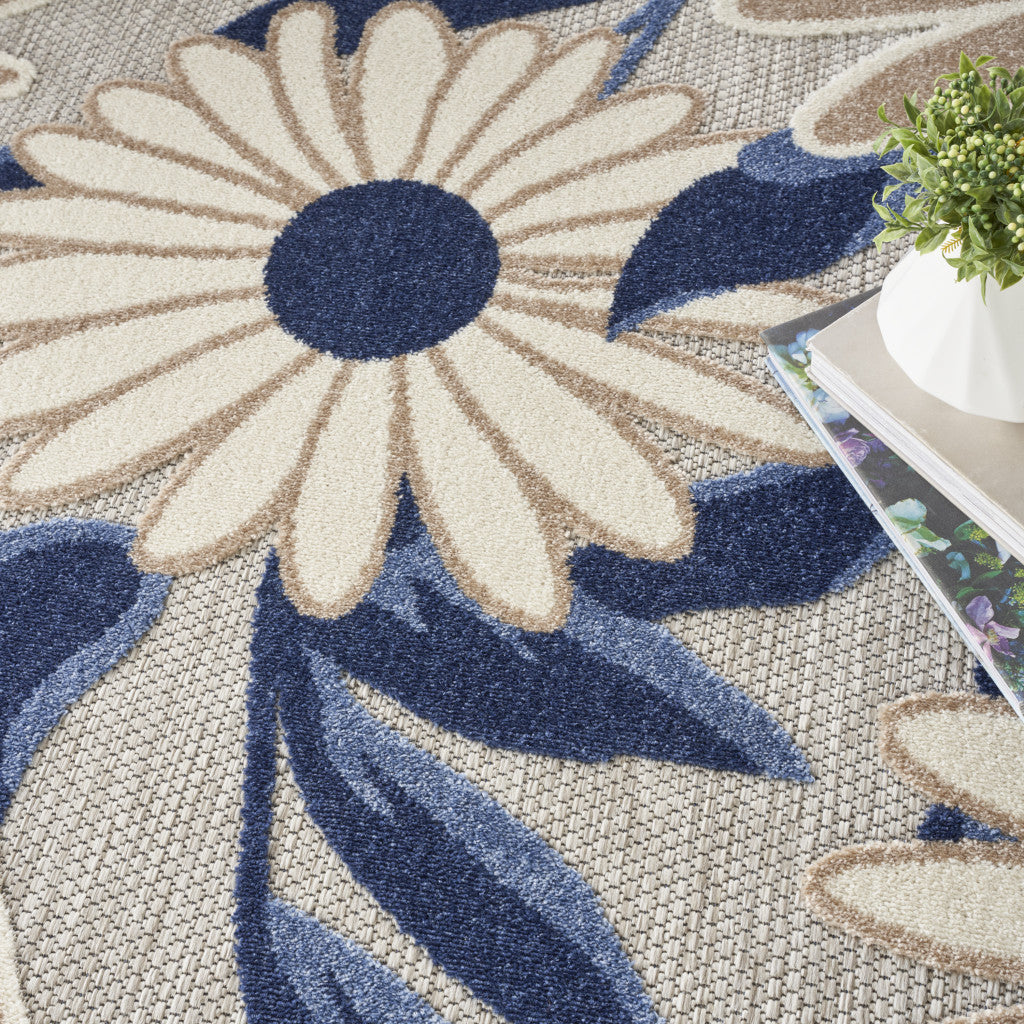 8' Blue and Orange Round Floral Power Loom Area Rug