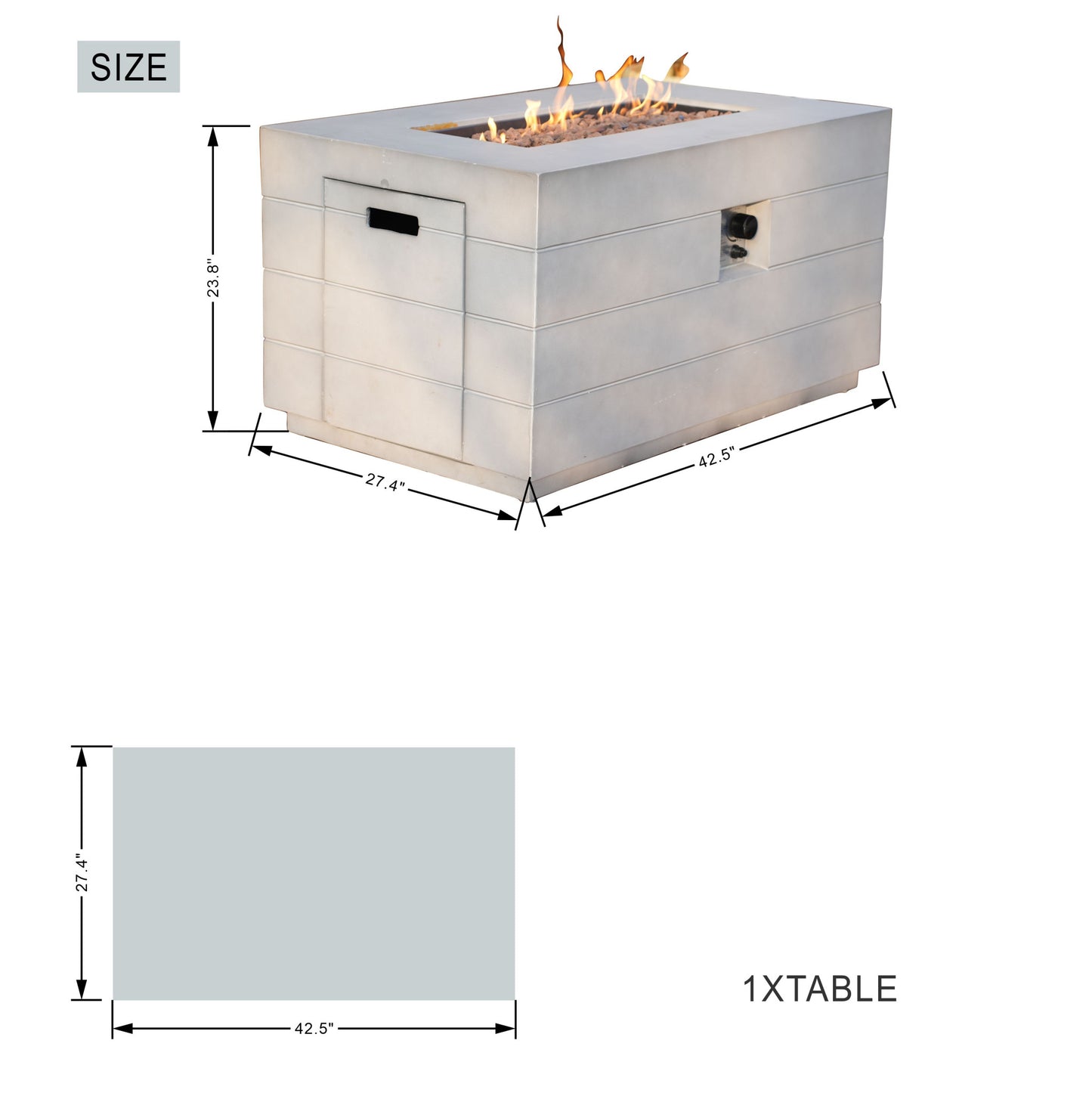 28" Gray Aluminum Natural gas Rectangular Fire pit table With Cover