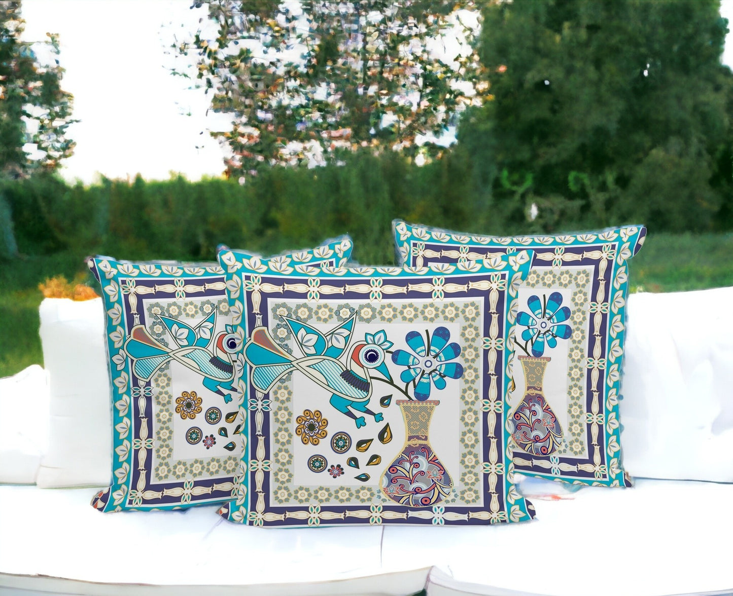 Set of Three 16" X 16" Blue and Purple Peacock Blown Seam Floral Indoor Outdoor Throw Pillow