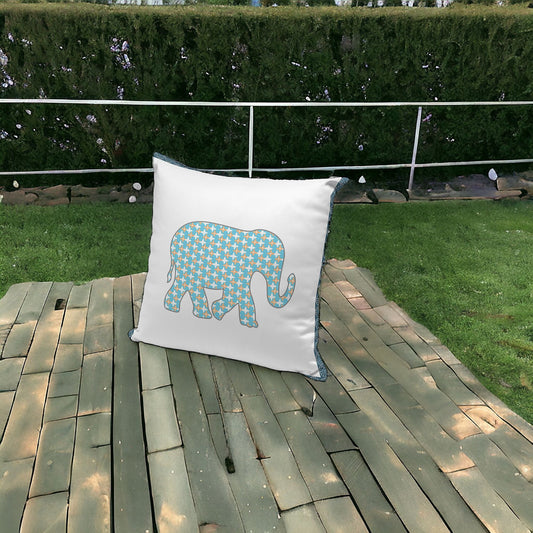 Set of Three 16" X 16" Blue and White Elephant Blown Seam Animal Print Indoor Outdoor Throw Pillow