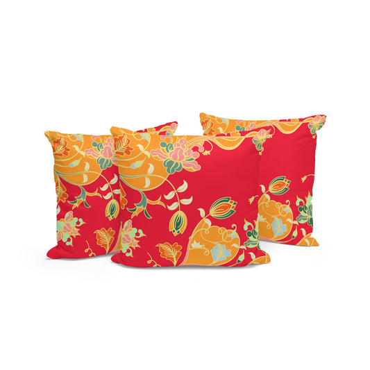 Set of Three 16" X 16" Green and Red Botanical Indoor Outdoor Throw Pillow