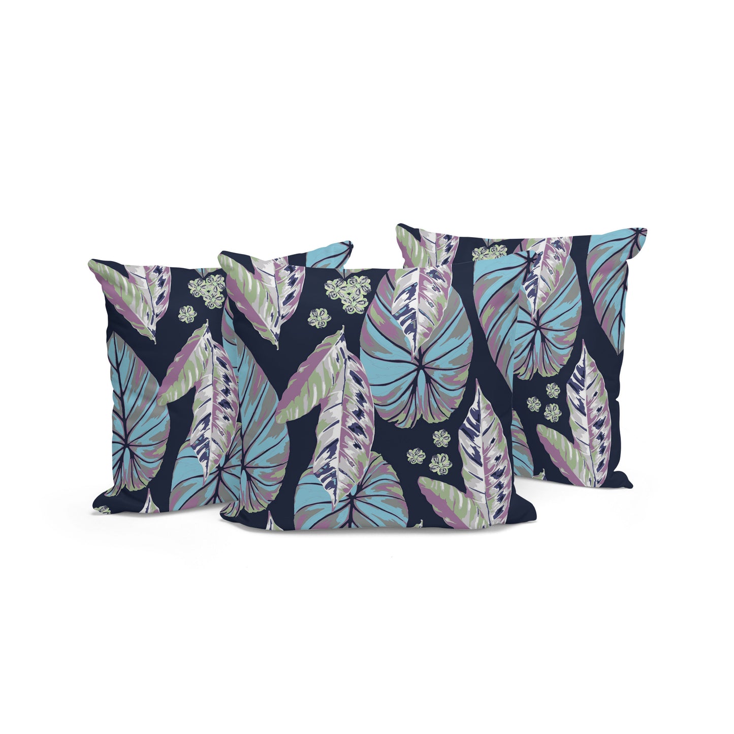 Set of Three 16" X 16" Blue and Purple Botanical Indoor Outdoor Throw Pillow