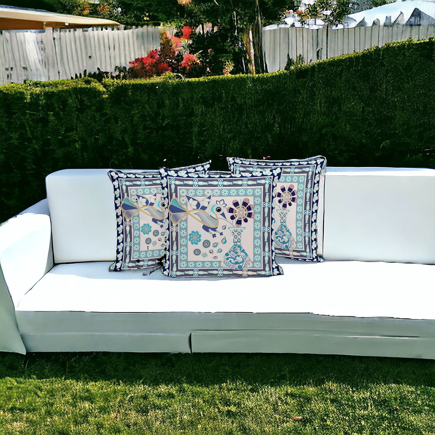 Set of Three 16" X 16" Beige and Black Peacock Blown Seam Floral Indoor Outdoor Throw Pillow