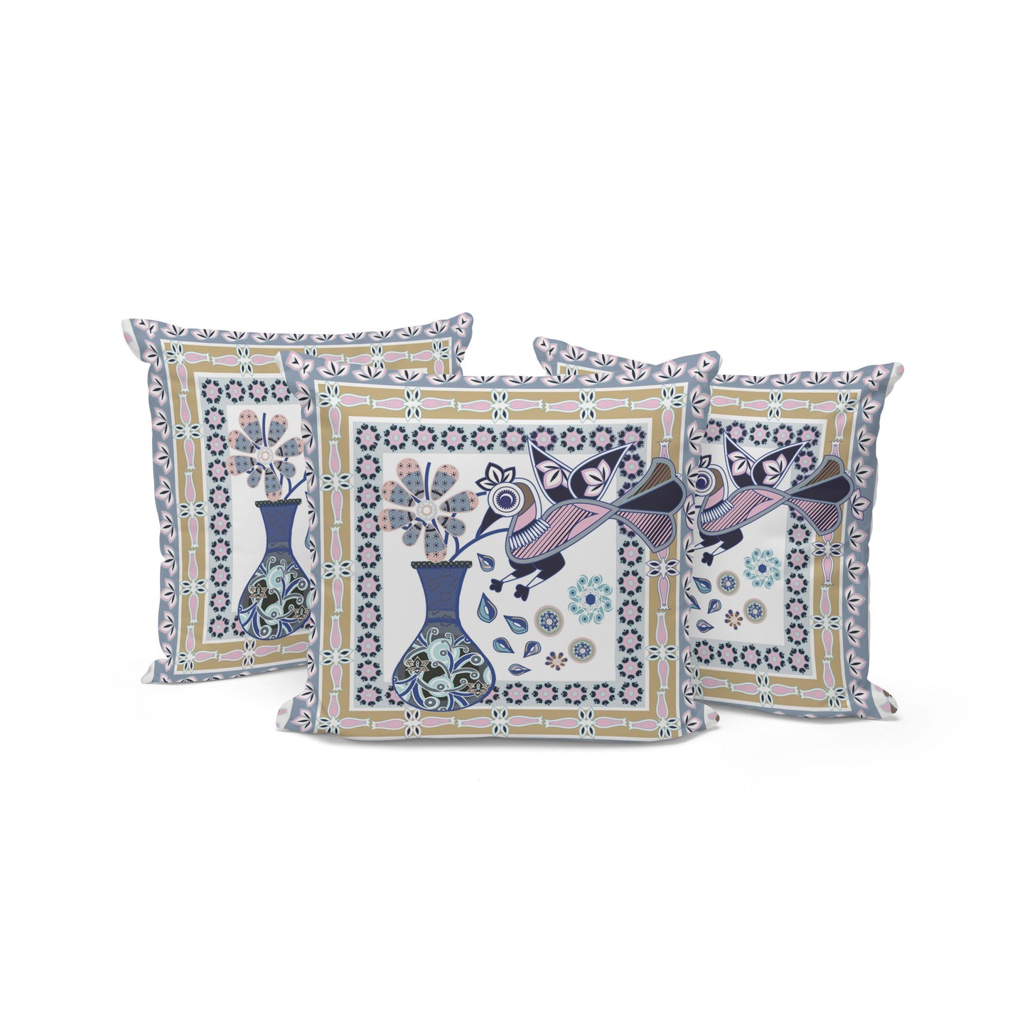 Set of Three 16" X 16" Beige and White Peacock Blown Seam Floral Indoor Outdoor Throw Pillow