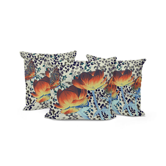 Set of Three 16" X 16" Blue and Orange Butterfly Blown Seam Floral Indoor Outdoor Throw Pillow