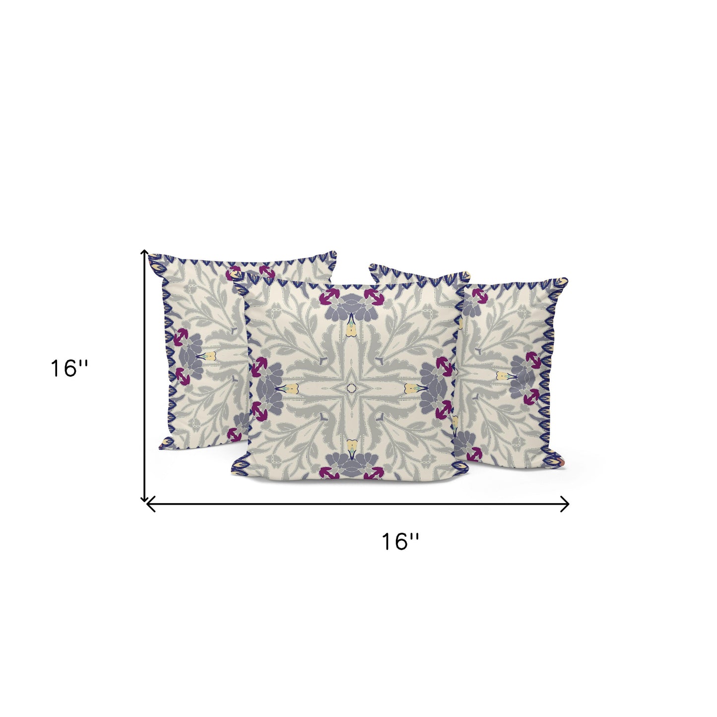 Set of Three 16" X 16" Gray and Purple Blown Seam Floral Indoor Outdoor Throw Pillow