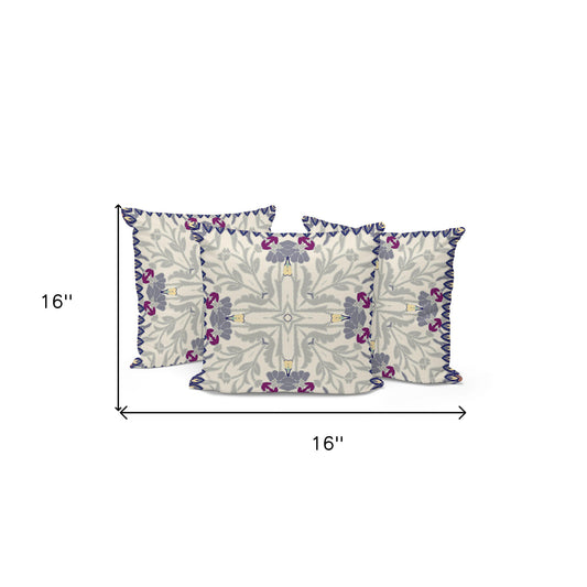 Set of Three 16" X 16" Gray and Purple Blown Seam Floral Indoor Outdoor Throw Pillow