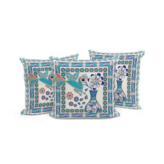 Set of Three 16" X 16" Blue and Off White Peacock Blown Seam Floral Indoor Outdoor Throw Pillow