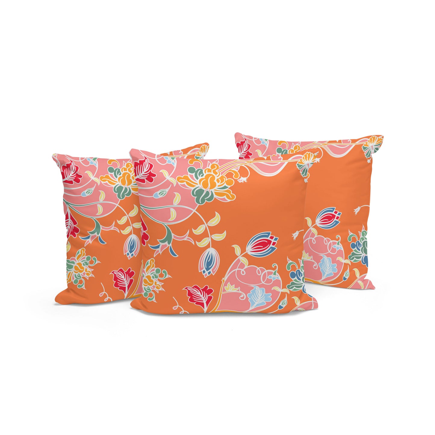 Set of Three 16" X 16" Pink and Orange Botanical Indoor Outdoor Throw Pillow