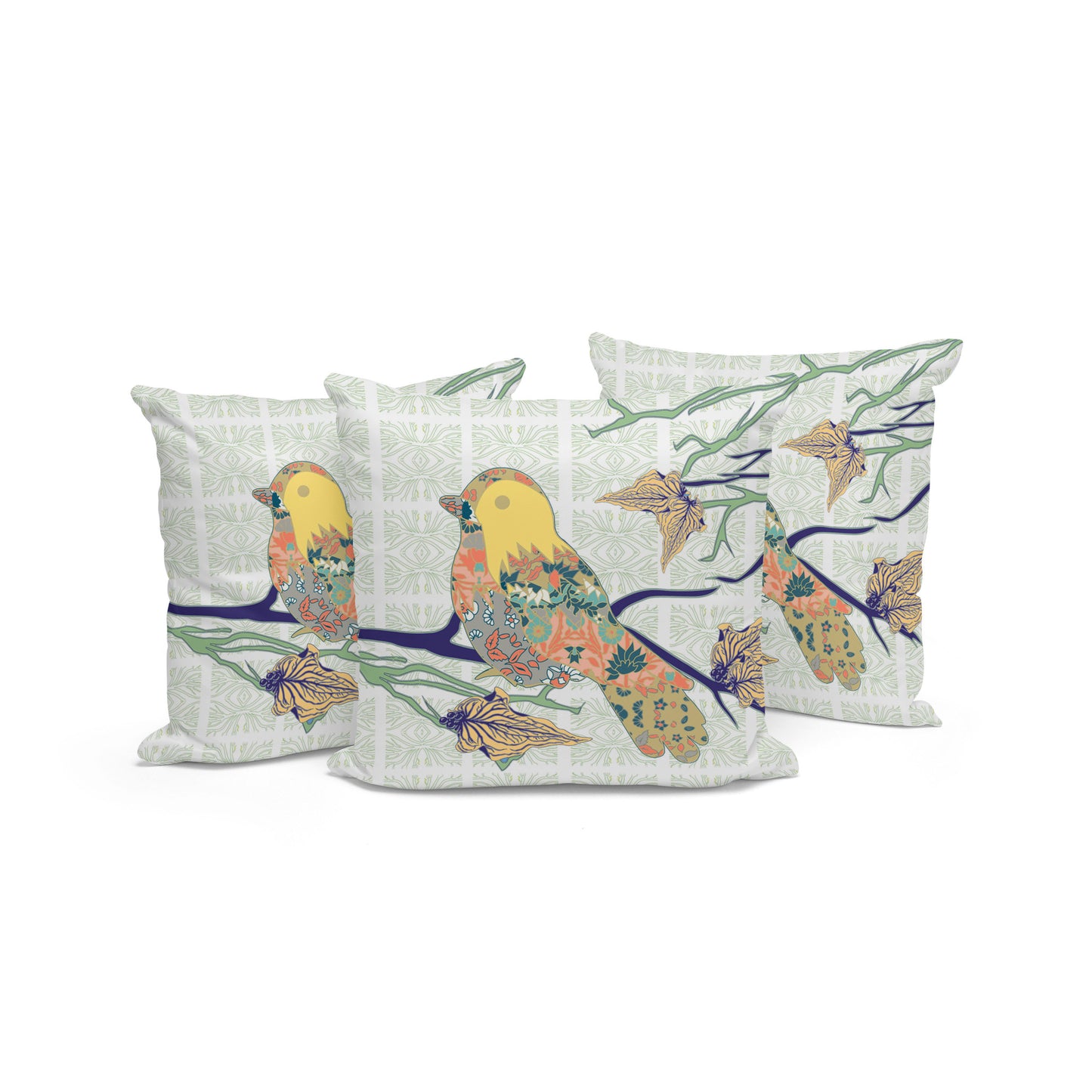 Set of Three 16" X 16" Green and White Bird Indoor Outdoor Throw Pillow