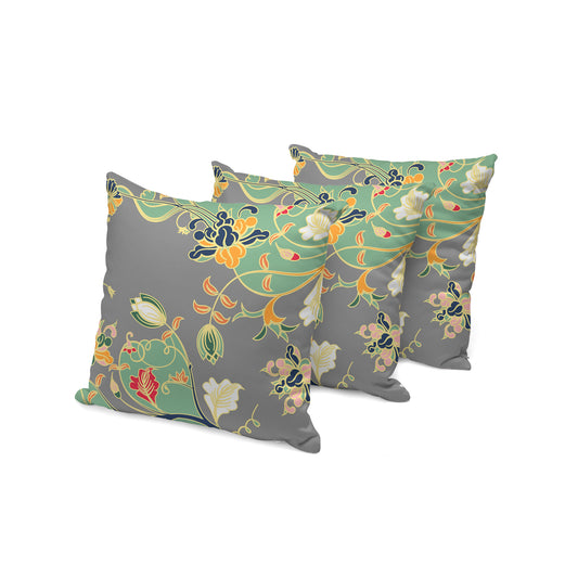 Set of Three 16" X 16" Gray and Orange Botanical Indoor Outdoor Throw Pillow