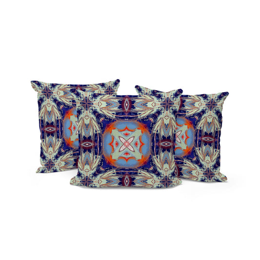 Set of Three 16" X 16" Blue and Orange Blown Seam Floral Indoor Outdoor Throw Pillow