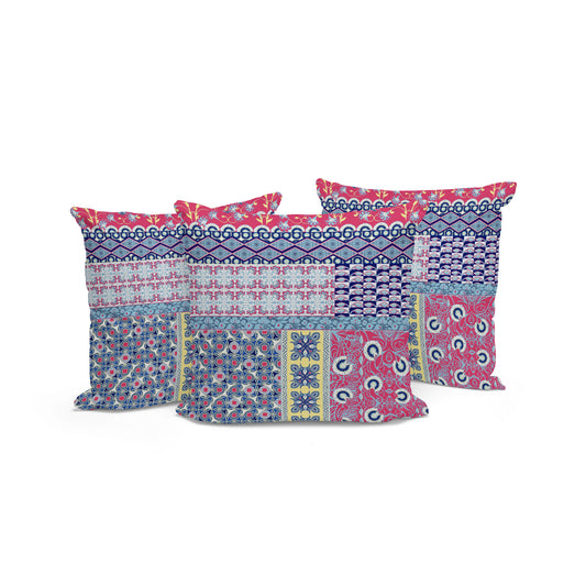 Set of Three 16" X 16" Blue and Pink Botanical Indoor Outdoor Throw Pillow