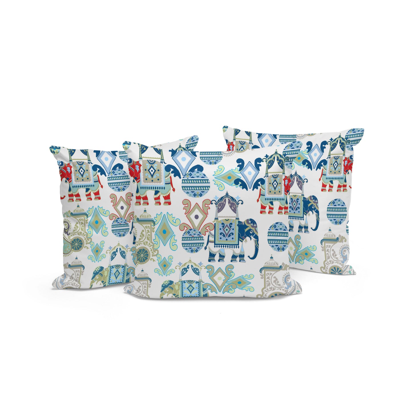 Set of Three 16" X 16" Blue and White Elephant Abstract Indoor Outdoor Throw Pillow