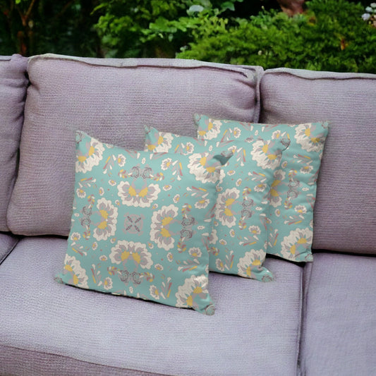 Set of Three 16" X 16" Green and White Botanical Indoor Outdoor Throw Pillow