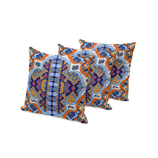 Set of Three 16" X 16" Blue and Orange Blown Seam Floral Indoor Outdoor Throw Pillow