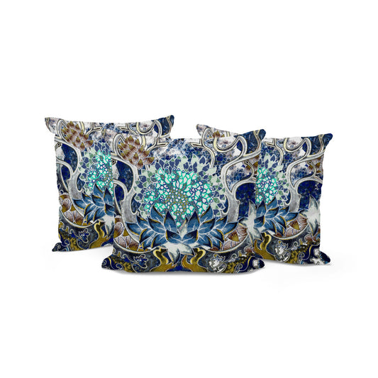 Set of Three 16" X 16" Blue and Green Blown Seam Floral Indoor Outdoor Throw Pillow