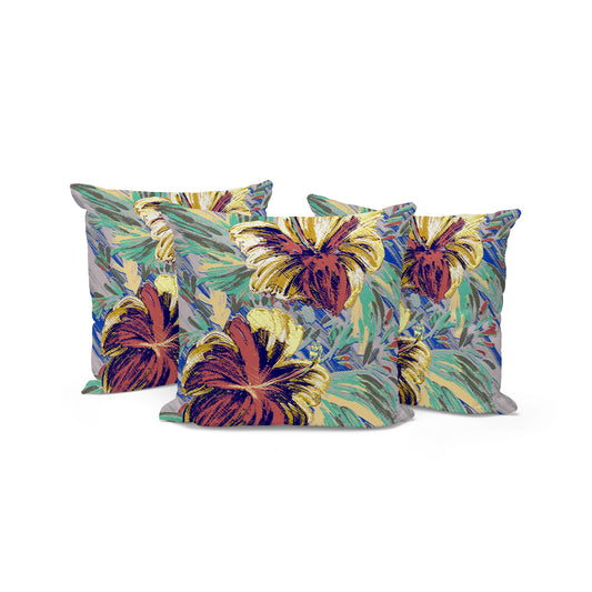 Set of Three 16" X 16" Green and Yellow Blown Seam Floral Indoor Outdoor Throw Pillow