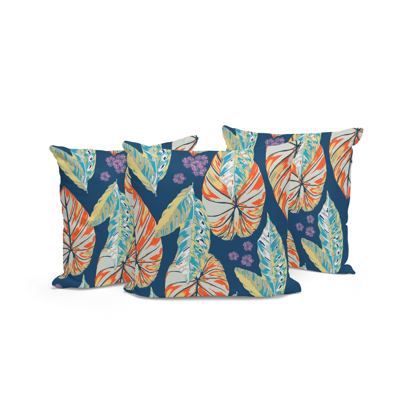 Set of Three 16" X 16" Blue and Orange Botanical Indoor Outdoor Throw Pillow