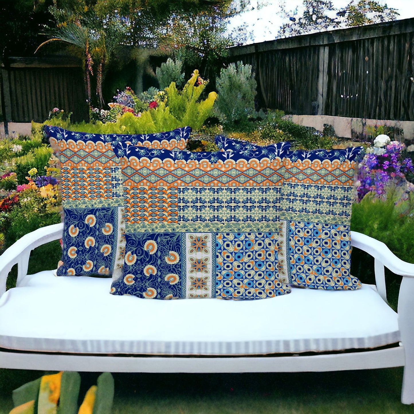 Set of Three 16" X 16" Blue and Orange Botanical Indoor Outdoor Throw Pillow