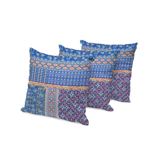 Set of Three 16" X 16" Blue and Yellow Botanical Indoor Outdoor Throw Pillow