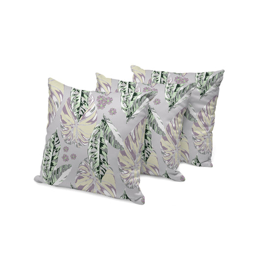 Set of Three 16" X 16" Gray and Purple Botanical Indoor Outdoor Throw Pillow