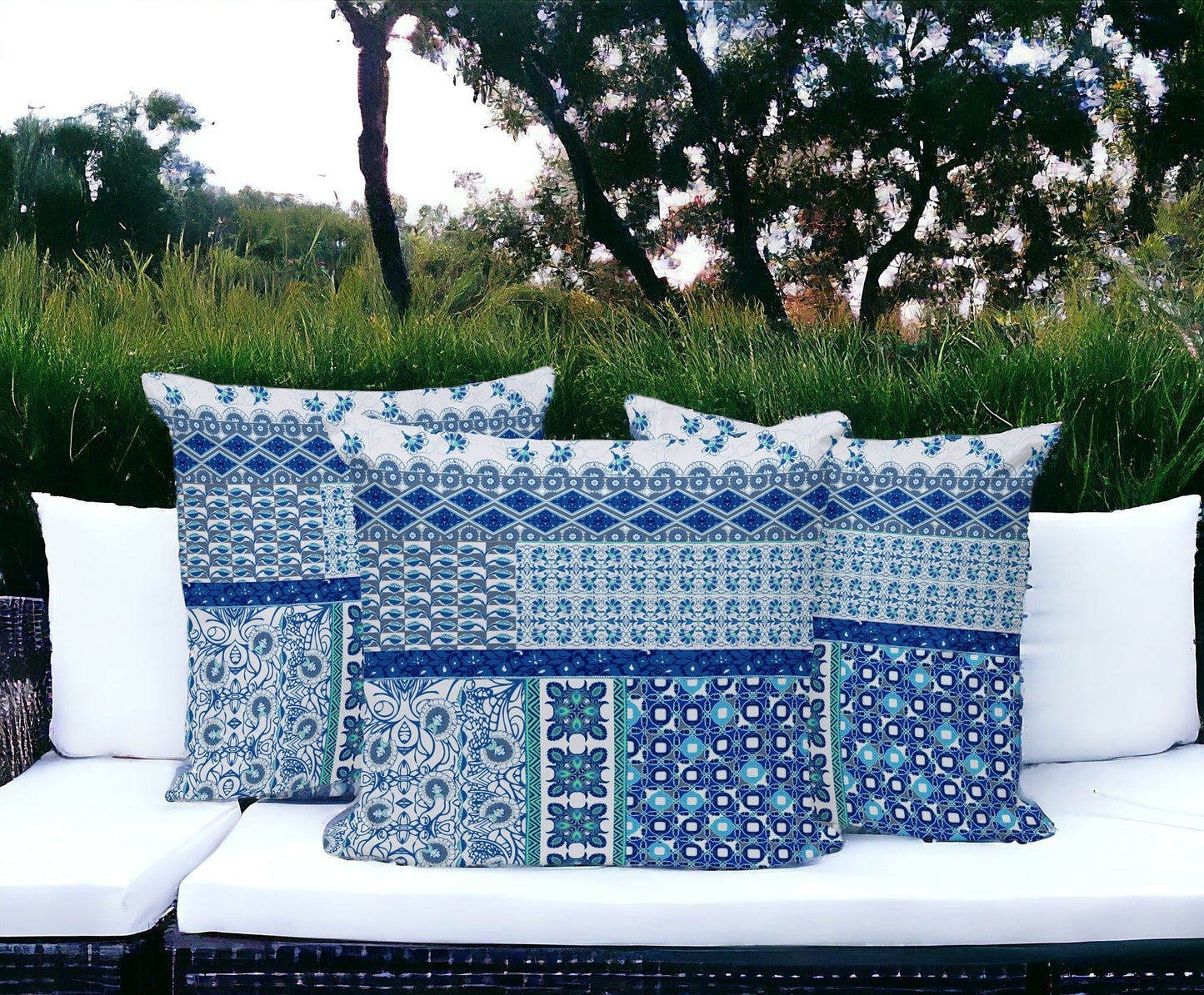 Set of Three 16" X 16" Blue and White Botanical Indoor Outdoor Throw Pillow