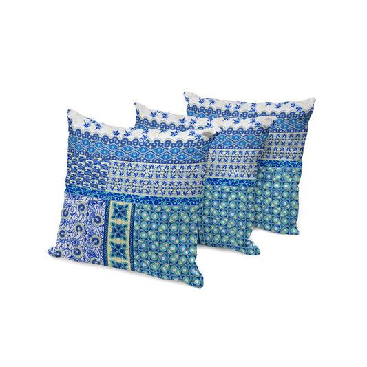 Set of Three 16" X 16" Blue and White Botanical Indoor Outdoor Throw Pillow