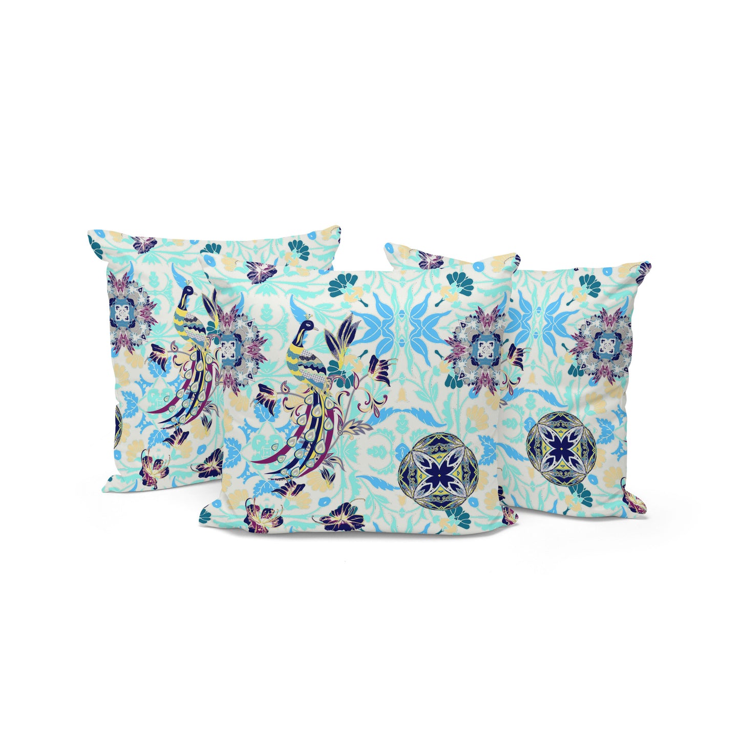 Set of Three 16" X 16" Blue and White Peacock Blown Seam Eclectic Indoor Outdoor Throw Pillow