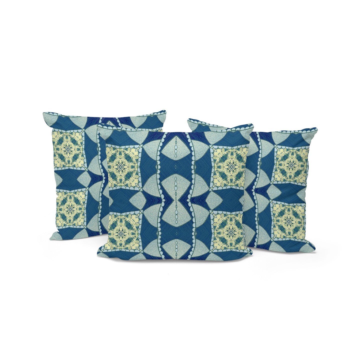 Set of Three 16" X 16" Blue and Green Blown Seam Eclectic Indoor Outdoor Throw Pillow