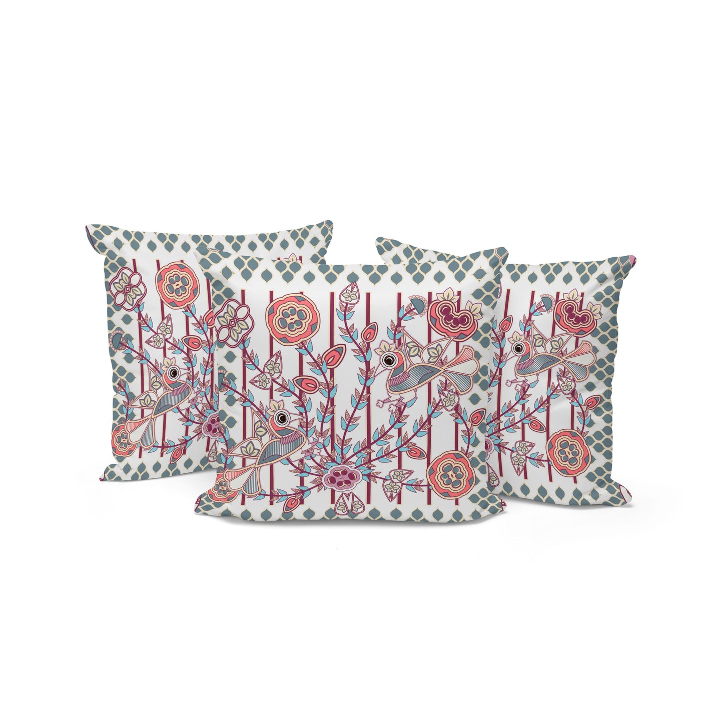 Set of Three 16" X 16" Red and White Peacock Blown Seam Floral Indoor Outdoor Throw Pillow