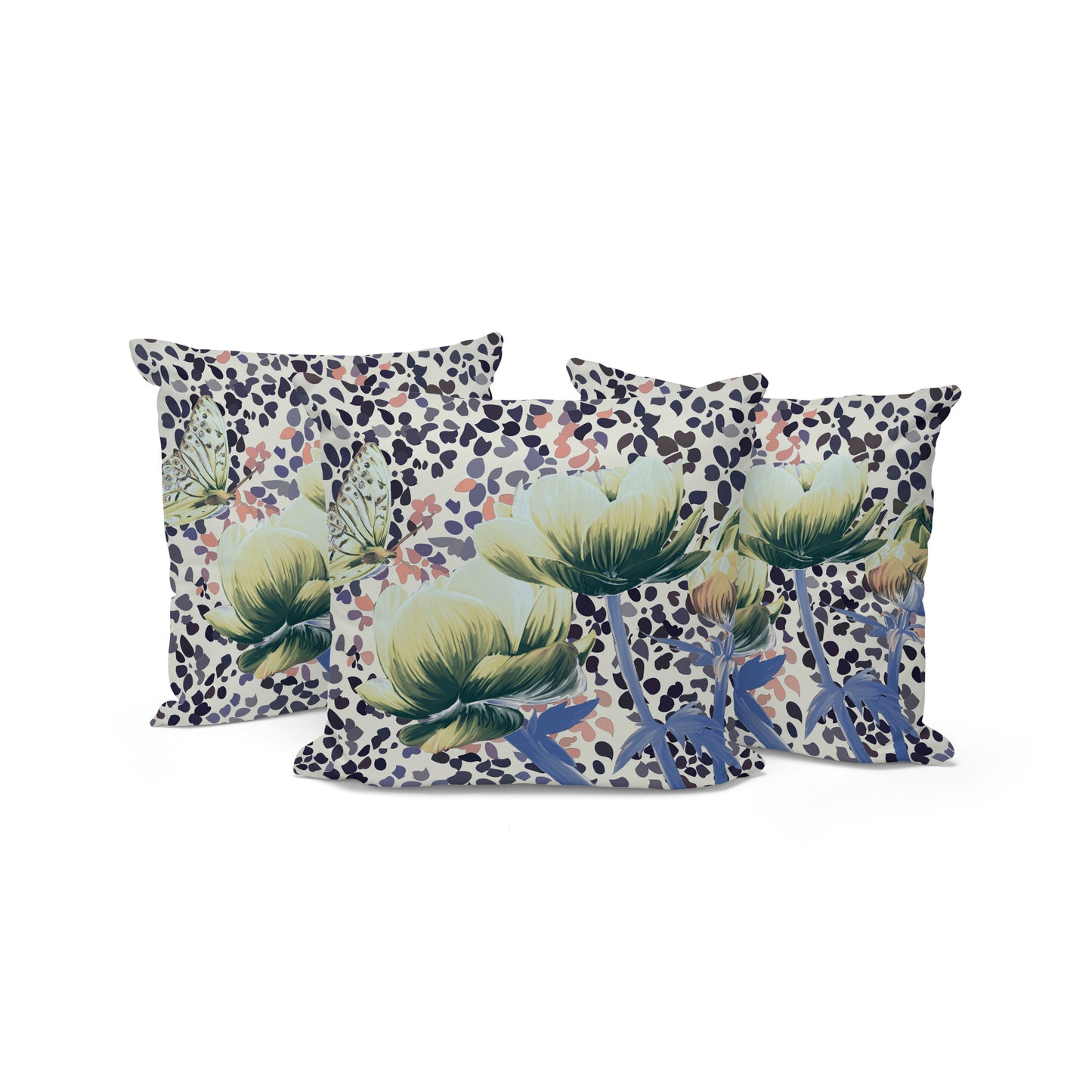 Set of Three 16" X 16" Blue and Green Butterfly Blown Seam Floral Indoor Outdoor Throw Pillow