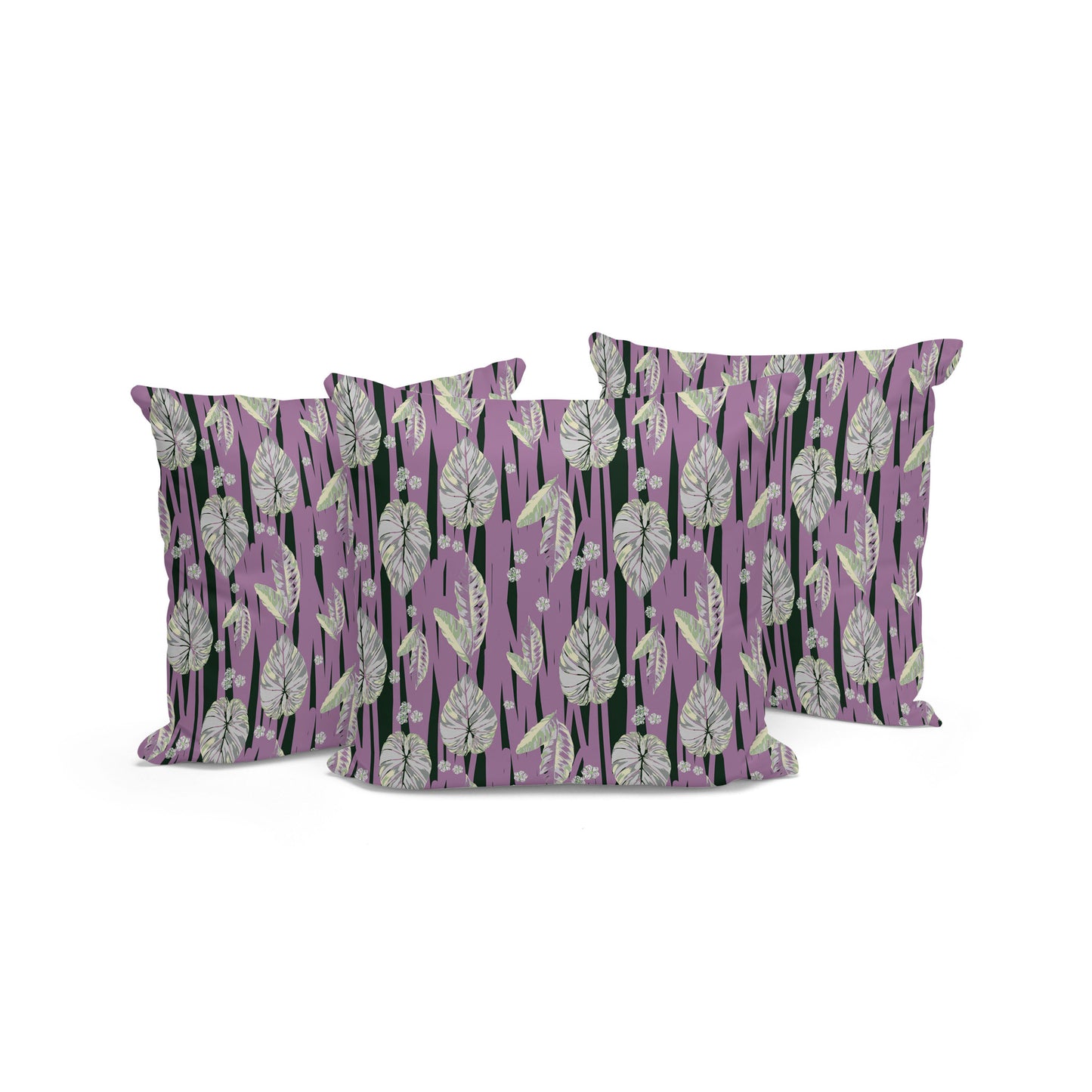 Set of Three 16" X 16" Pink and Black Botanical Indoor Outdoor Throw Pillow